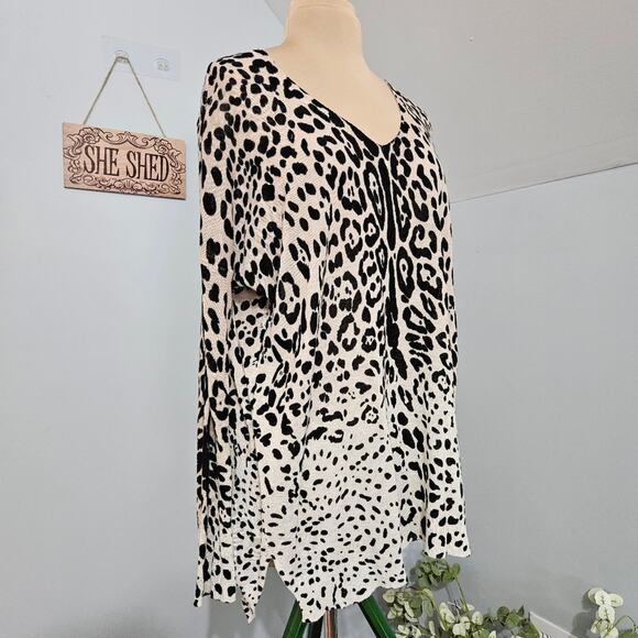 Ellison Tunic Sweater Linen Blend Animal Print V Neck Oversized Leopard Knit S - Picture 4 of 14